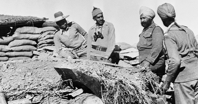 Indian officers occupying a fort on the Ladakh border during the 1962 war between India and China.