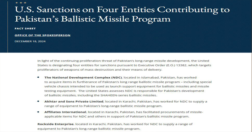 US Imposes SanctionUS Imposes Sanctions on Four Pakistani Entities for Supporting Missile Programs on Four Pakistani Entities for Supporting Missile Program