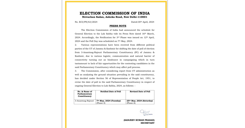 Election postponed in anantnag rajouri seat