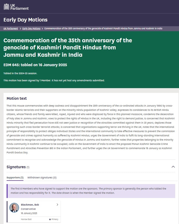 Call for Justice: UK Parliament Tables Motion on Kashmiri Hindu Exodus, Calls for Genocide Recognition